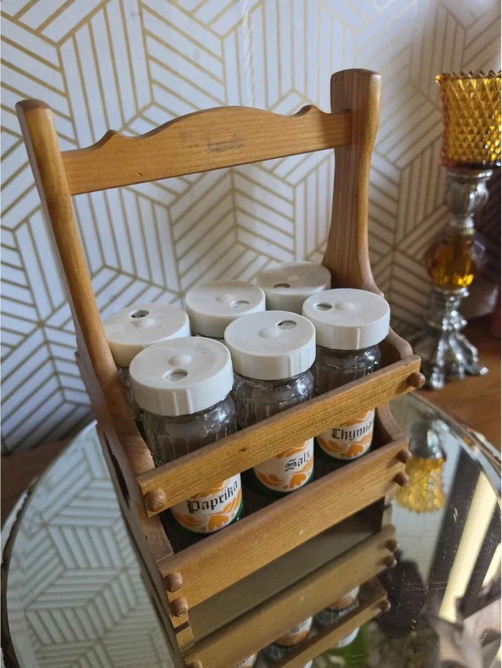 Vintage Wooden Spice Caddy W 6 Glass Jars With Dispenser Lids